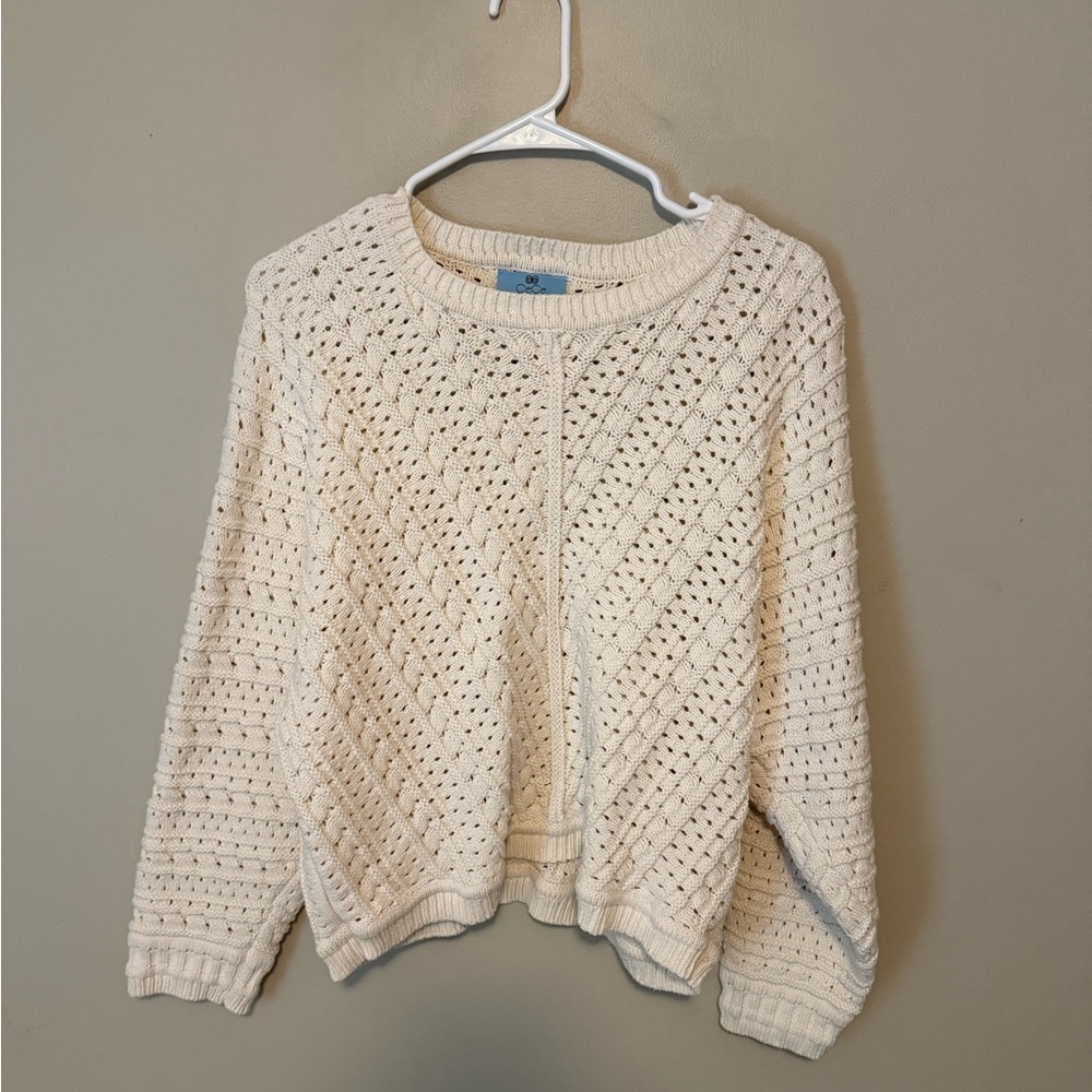 CeCe Cream Crew Neck Sweater with Knit Design